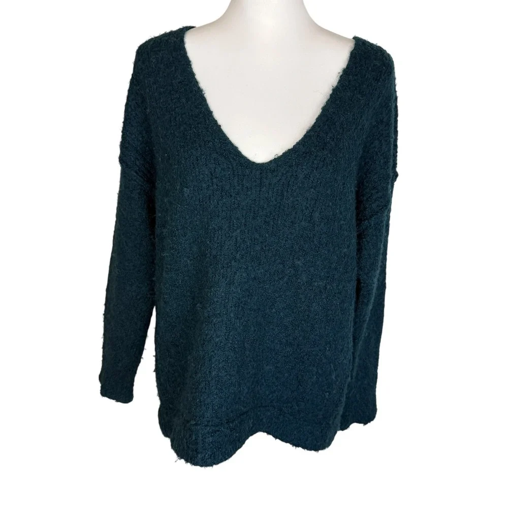 Free People Lofty V-Neck Sweater Forest Teal Green Oversized‎ Boucle Knit Small